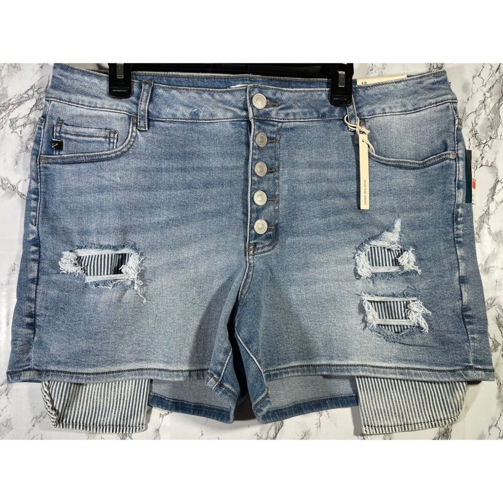 KanCan Light Blue Distressed High-Rise Button Fly Jean Shorts